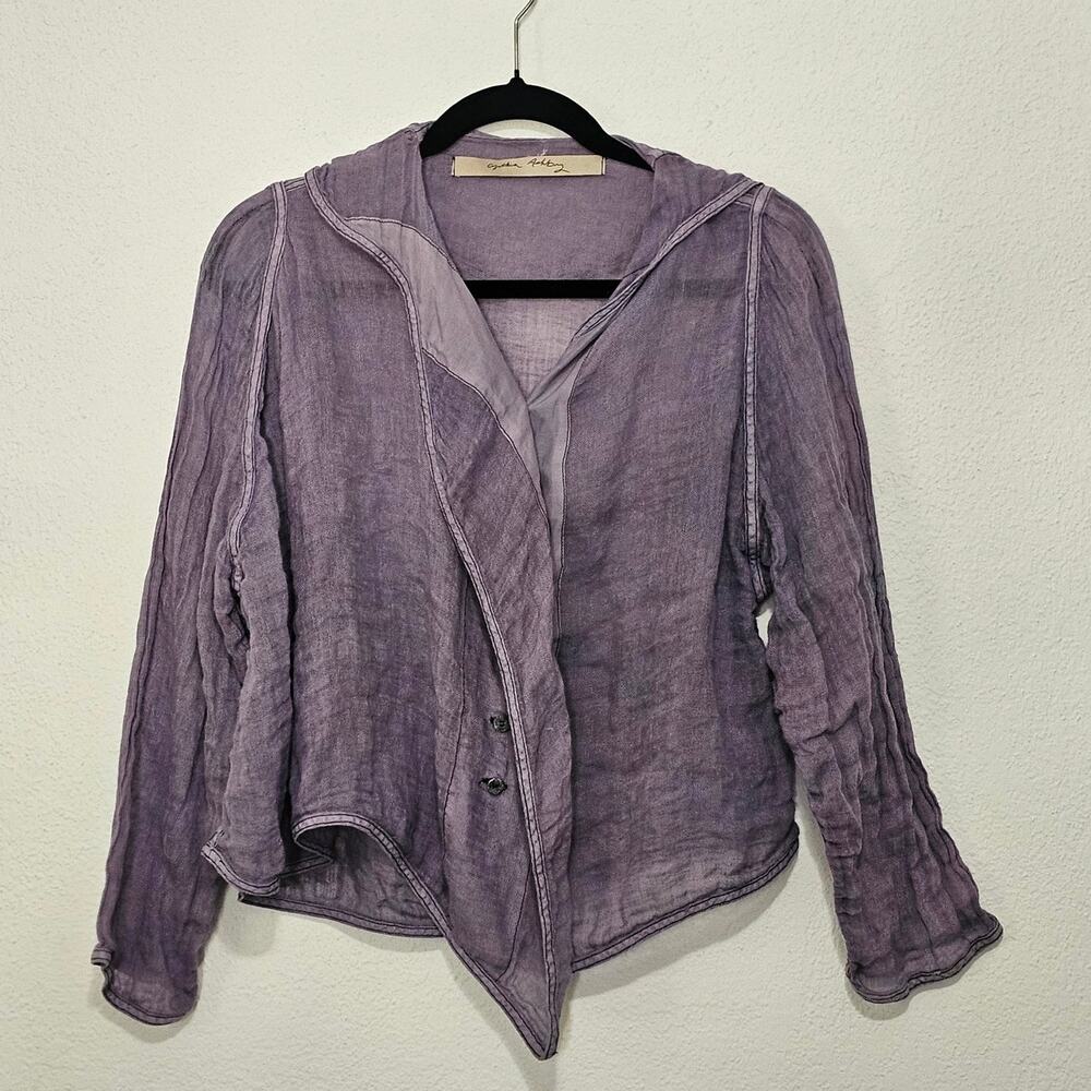 Cynthia Ashby Purple Lightweight Shirt Jacket Lagenlook Linen Blend HOLE